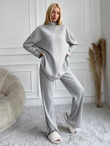 SHEIN Cotton Funnel Neck Drop Shoulder Tee Pants Lounge Grey Casual - Light Grey - View 5