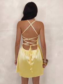 Glamine Women's Pale Yellow Summer Seductive Birthday Party Sequin Patchwork Ruffle Trim Velvet Mini Dress, Halter Neckline Spaghetti Straps Vacation Beach Outfits - Yellow - View 5