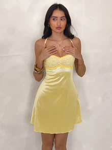 Glamine Women's Pale Yellow Summer Seductive Birthday Party Sequin Patchwork Ruffle Trim Velvet Mini Dress, Halter Neckline Spaghetti Straps Vacation Beach Outfits - Yellow - View 8