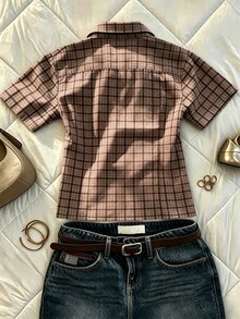 IslaSuriya Women's Summer Casual Vintage Preppy Shirt Top Everyday School Brown Plaid - Brown - View 2
