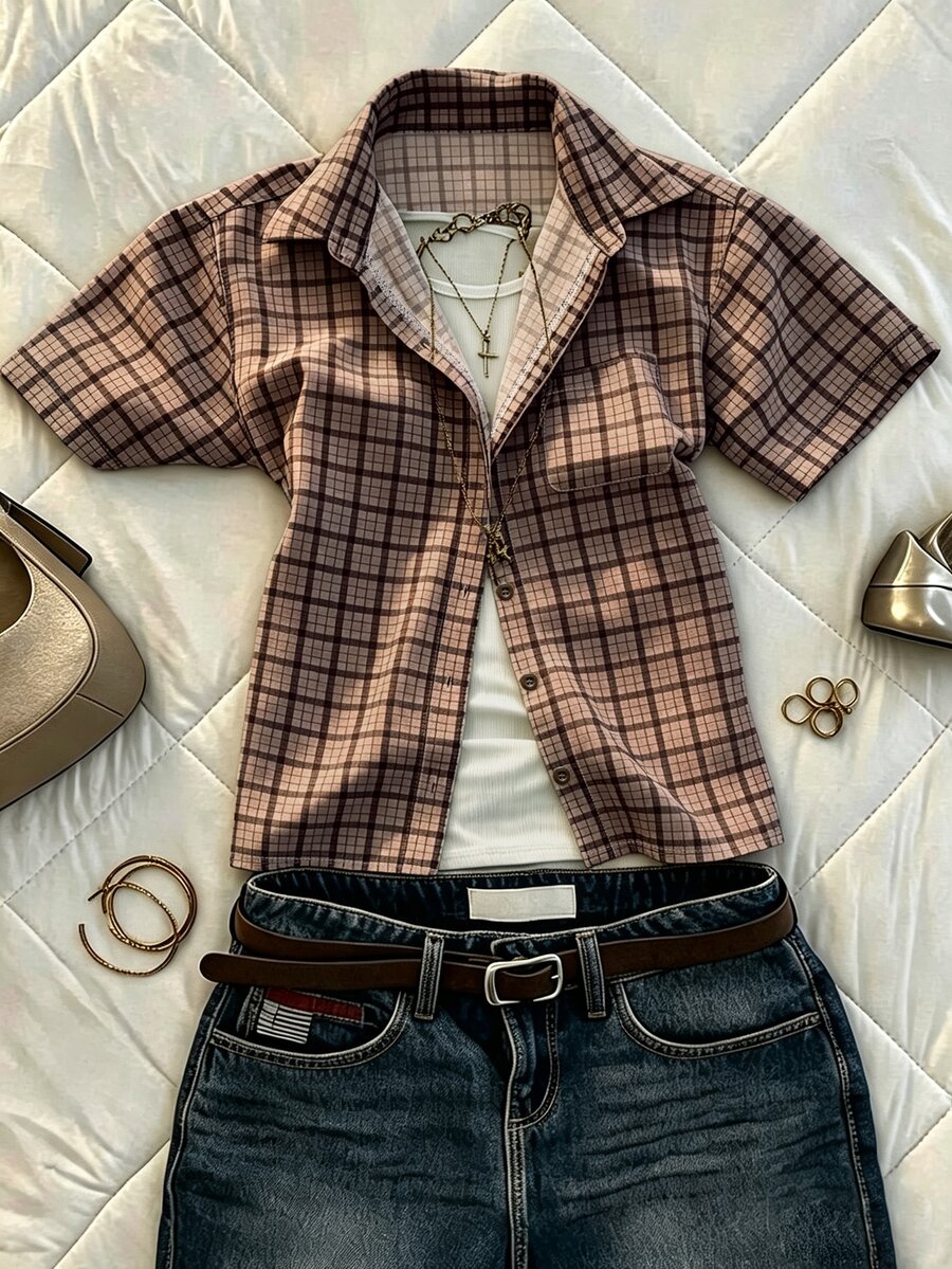 IslaSuriya Women's Summer Casual Vintage Preppy Shirt Top Everyday School Brown Plaid - Brown - View 1