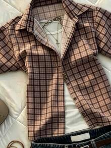 IslaSuriya Women's Summer Casual Vintage Preppy Shirt Top Everyday School Brown Plaid - Brown - View 4