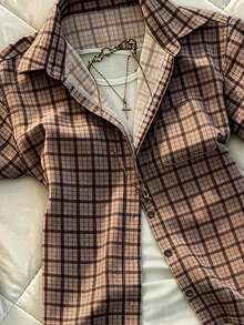 IslaSuriya Women's Summer Casual Vintage Preppy Shirt Top Everyday School Brown Plaid - Brown - View 3