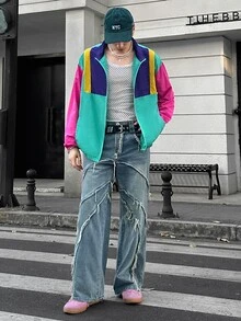 GETOML Men's Casual Woven Patchwork Open Front Loose Rave Jacket,Fashion Colorful Long Sleeve Lightweight Zipper Jacket For Daily Wear,Fall,Winter Gifts, Spring, Windbreaker, Outdoor - Multicolor - View 5