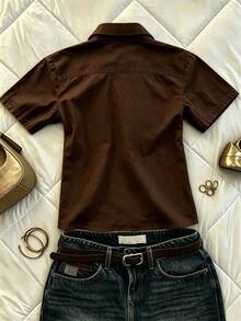 IslaSuriya Women's Solid Color Casual Versatile Daily Travel Shirt, Summer - Coffee Brown - View 2