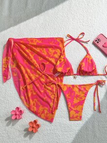 SHEIN Swim 3件組女款春假夏季沙灘裝套裝，包含隨機印花掛脖裙與前綁帶比基尼 - 彩色 - 查看 2