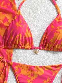 SHEIN Swim 3件組女款春假夏季沙灘裝套裝，包含隨機印花掛脖裙與前綁帶比基尼 - 彩色 - 查看 4
