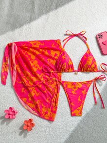 SHEIN Swim 3件組女款春假夏季沙灘裝套裝，包含隨機印花掛脖裙與前綁帶比基尼 - 彩色 - 查看 3