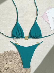 Swim Chiccia Women's Solid Color Fashionable Sexy Bikini Set Summer - Teal Blue - View 3