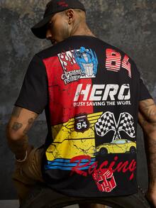 Transformers X SHEIN Men's Letter Print Crew Neck Short Sleeve T-Shirt Evergreen - Black - View 1