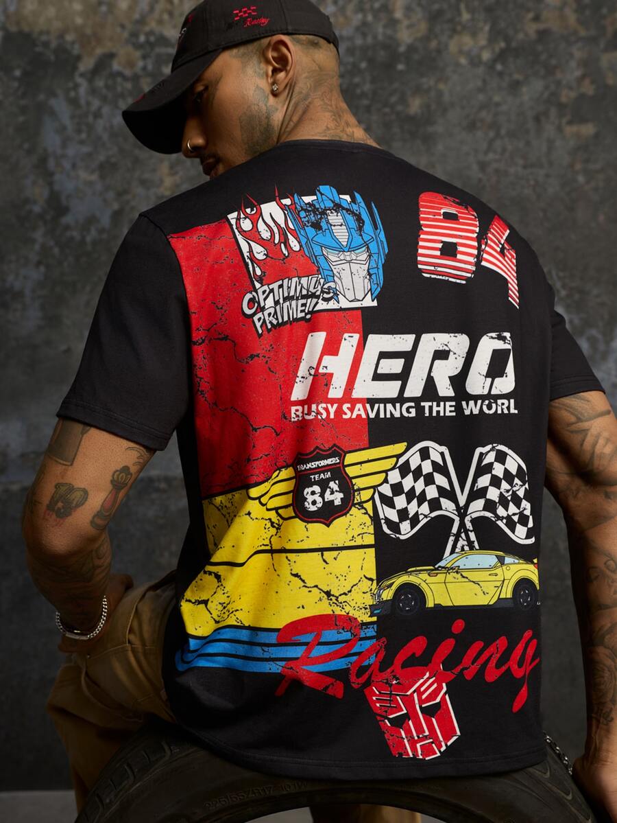 Transformers X SHEIN Men's Letter Print Crew Neck Short Sleeve T-Shirt Evergreen - Black - View 1