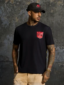 Transformers X SHEIN Men's Letter Print Crew Neck Short Sleeve T-Shirt Evergreen - Black - View 2