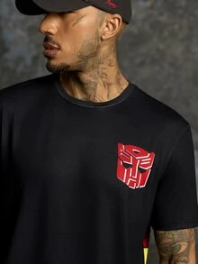 Transformers X SHEIN Men's Letter Print Crew Neck Short Sleeve T-Shirt Evergreen - Black - View 5