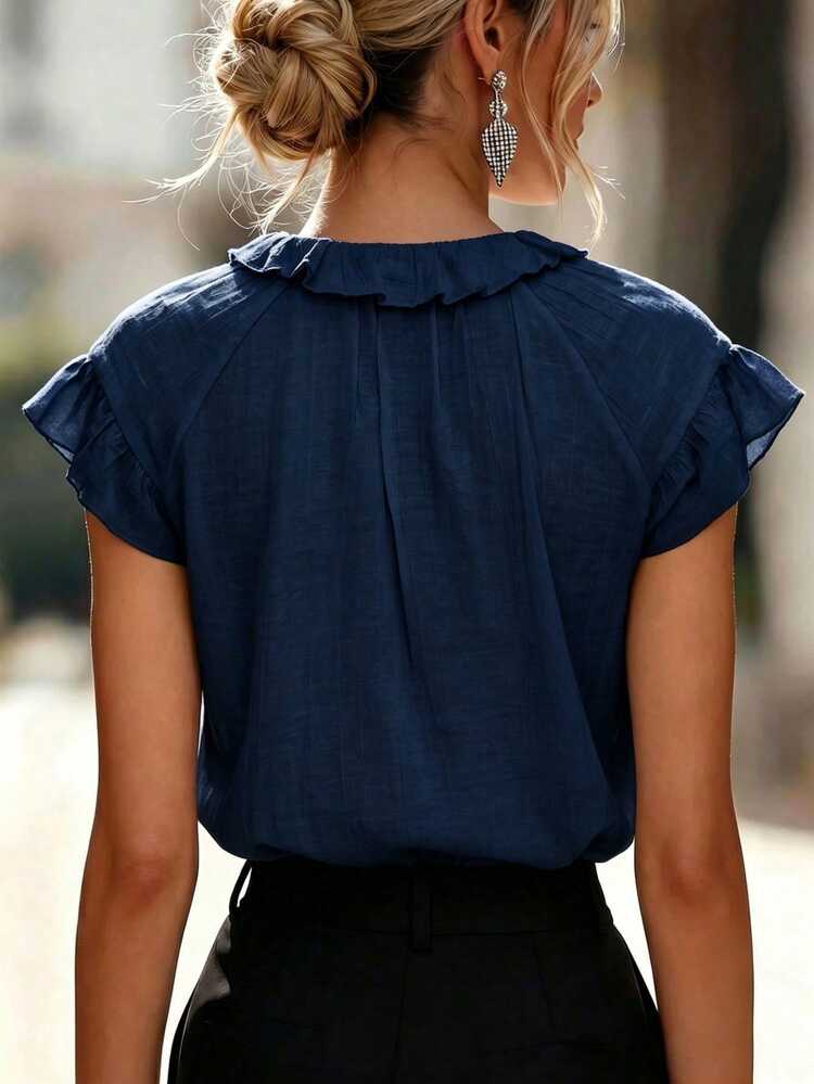 LUMIGAL Women's V-Neck Ruffle Collar Ruffle Cuff Bow Tie Pullover Loose Casual Comfortable Daily Outing Travel, Summer Top, Suitable For Western Theme Cruise, Festival Celebration, Beach Vacation, Music Festival, Bohemian Style Vacation, Back To School Season, Wedding, Teacher's Day, Mother's Day, All Seasons, Women's Beach Club, Havana Night Out, Beach Dinner And Other Occasions Sexy Vacation Fashion Item - Navy Blue - View 2