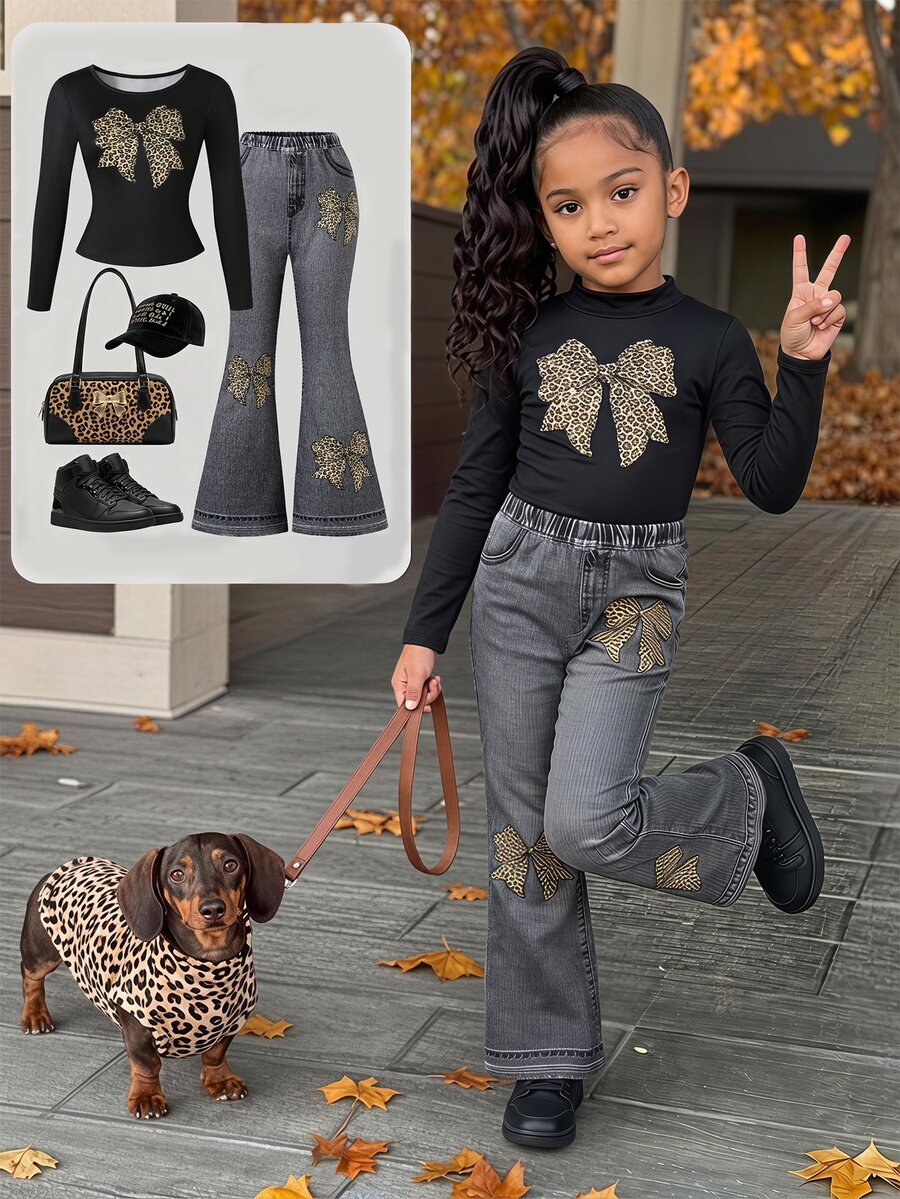 SHEIN Elladie kids 青少年女孩秋季套裝 2件組 可愛休閒 Y2K 復古豹紋蝴蝶結黑色針織喇叭褲 + 印花T恤上衣 Cruise Grey - 彩色 - 查看 1