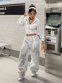 StreetHx Women's Vintage Style Print + Rhinestone Short Hoodie + Loose Long Pants 2 Pieces Set - Grey - View 5