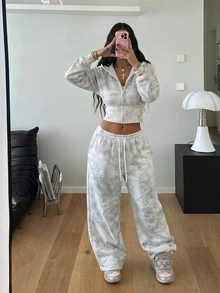 StreetHx Women's Vintage Style Print + Rhinestone Short Hoodie + Loose Long Pants 2 Pieces Set - Grey - View 1