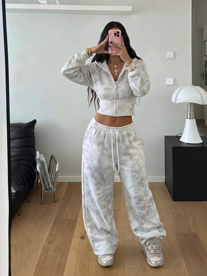 StreetHx طقم نسائي من قطعتين بأسلوب عتيق: هودي قصير مطبوع + مزين بالراينستون + بنطلون طويل فضفاض
