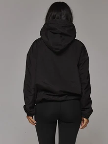 Musera Sport High Neck Zip Through Front Logo Hooded Panelled Nylon Style Lined Jacket Sport Essentials Basics Gym Workout Autumn Fall Winter - Black - View 5
