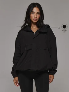 Musera Sport High Neck Zip Through Front Logo Hooded Panelled Nylon Style Lined Jacket Sport Essentials Basics Gym Workout Autumn Fall Winter - Black - View 1