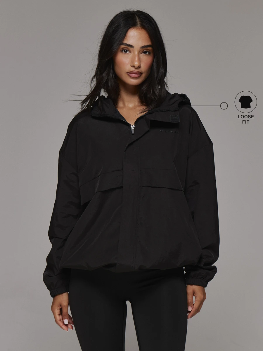 Musera Sport High Neck Zip Through Front Logo Hooded Panelled Nylon Style Lined Jacket Sport Essentials Basics Gym Workout Autumn Fall Winter - Black - View 1