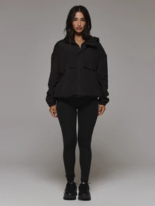 Musera Sport High Neck Zip Through Front Logo Hooded Panelled Nylon Style Lined Jacket Sport Essentials Basics Gym Workout Autumn Fall Winter - Black - View 3