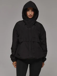 Musera Sport High Neck Zip Through Front Logo Hooded Panelled Nylon Style Lined Jacket Sport Essentials Basics Gym Workout Autumn Fall Winter - Black - View 2