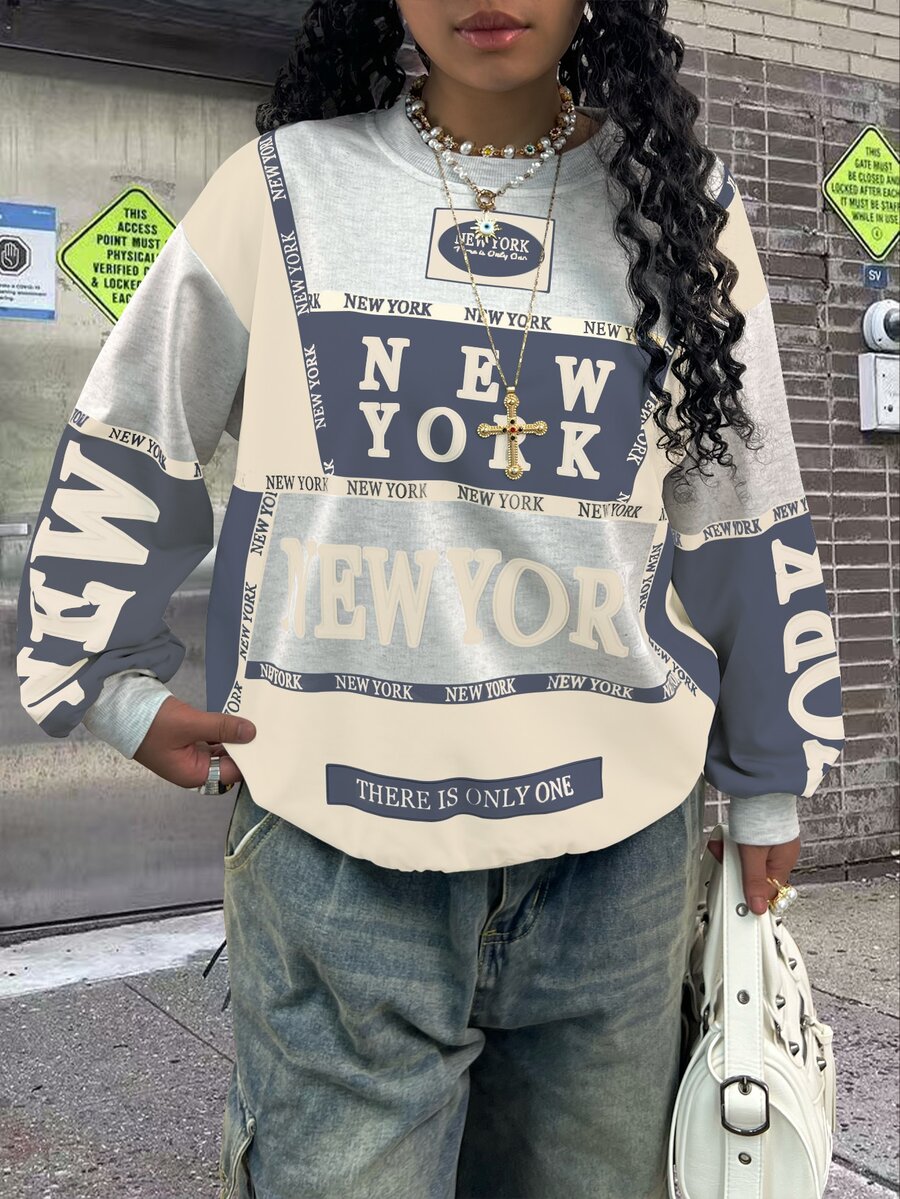 Rovax Sudadera casual de cuello redondo de manga larga con diseño creativo y hombros caídos para mujer - Multicolor - Ver 1