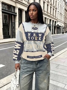 Rovax Sudadera casual de cuello redondo de manga larga con diseño creativo y hombros caídos para mujer - Multicolor - Ver 1