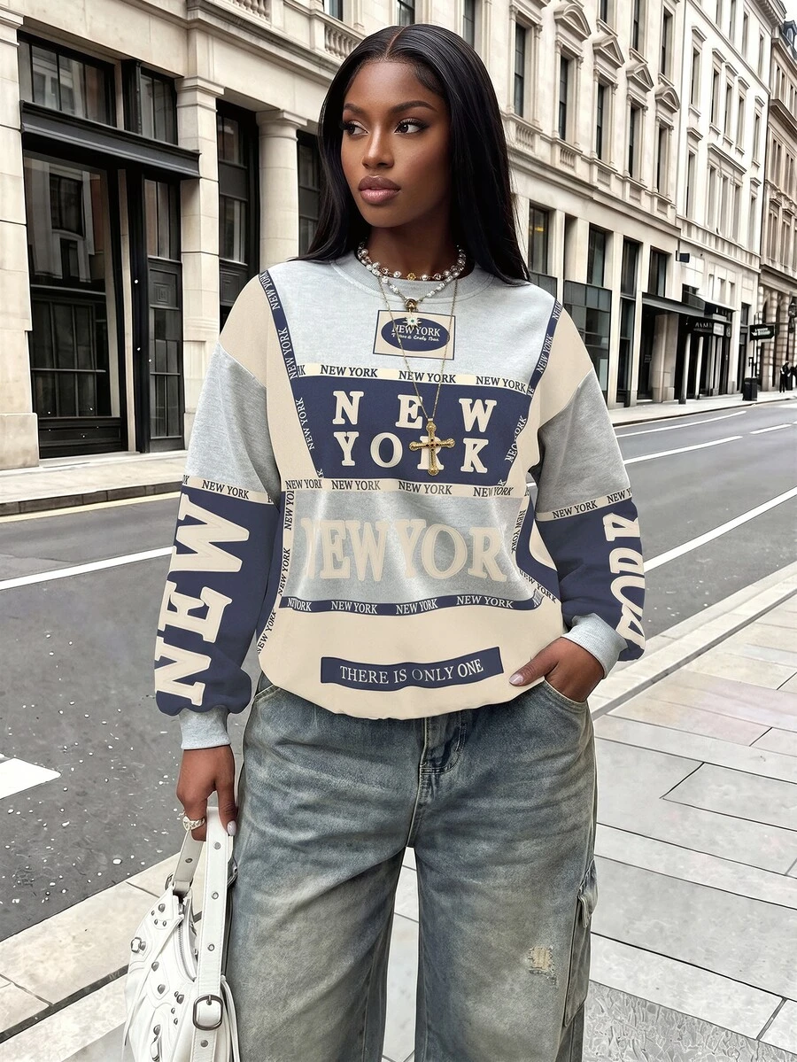 Rovax Sudadera casual de cuello redondo de manga larga con diseño creativo y hombros caídos para mujer - Multicolor - Ver 1