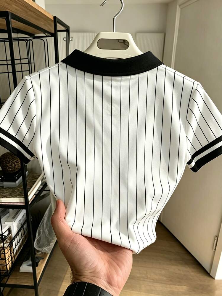 Rovax American Sports Black & White Striped English Print Slim Fit Short Polo Shirt, Retro College Style Casual Summer Short Sleeve T-Shirt - Multicolor - View 2