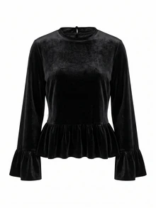 LUMIGAL Smooth Velvet Round Neck Back Slit Flared Sleeve Waist Ruffle Fashion Elegant Commute Dinner Office Women's Blouse Black Autumn - Black - View 7