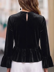 LUMIGAL Smooth Velvet Round Neck Back Slit Flared Sleeve Waist Ruffle Fashion Elegant Commute Dinner Office Women's Blouse Black Autumn - Black - View 2
