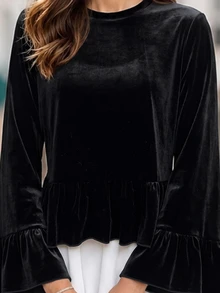 LUMIGAL Smooth Velvet Round Neck Back Slit Flared Sleeve Waist Ruffle Fashion Elegant Commute Dinner Office Women's Blouse Black Autumn - Black - View 5