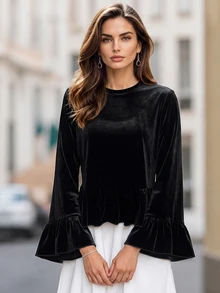 LUMIGAL Smooth Velvet Round Neck Back Slit Flared Sleeve Waist Ruffle Fashion Elegant Commute Dinner Office Women's Blouse Black Autumn - Black - View 3