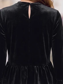 LUMIGAL Smooth Velvet Round Neck Back Slit Flared Sleeve Waist Ruffle Fashion Elegant Commute Dinner Office Women's Blouse Black Autumn - Black - View 6