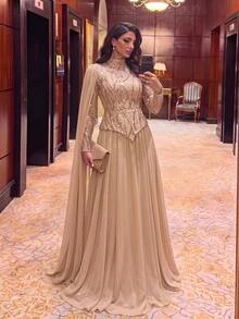 Aureia Elegant Luxurious Champagne Beaded Sequin Embroidered Lace Puff Bead Patchwork Chiffon Ruched Long Sleeve Oversized Skirt Single Side Drape 2 In 1 Structure Suitable For Wedding Events Bachelor Party Vacation Prom Evening Gala Dress - Champagne - View 2