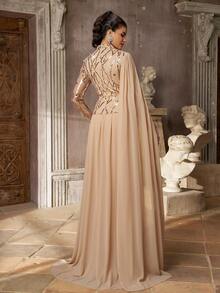 Aureia Elegant Luxurious Champagne Beaded Sequin Embroidered Lace Puff Bead Patchwork Chiffon Ruched Long Sleeve Oversized Skirt Single Side Drape 2 In 1 Structure Suitable For Wedding Events Bachelor Party Vacation Prom Evening Gala Dress - Champagne - View 5