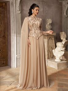 Aureia Elegant Luxurious Champagne Beaded Sequin Embroidered Lace Puff Bead Patchwork Chiffon Ruched Long Sleeve Oversized Skirt Single Side Drape 2 In 1 Structure Suitable For Wedding Events Bachelor Party Vacation Prom Evening Gala Dress - Champagne - View 7