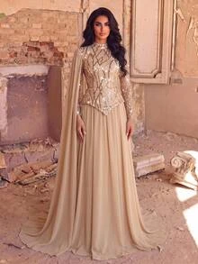 Aureia Elegant Luxurious Champagne Beaded Sequin Embroidered Lace Puff Bead Patchwork Chiffon Ruched Long Sleeve Oversized Skirt Single Side Drape 2 In 1 Structure Suitable For Wedding Events Bachelor Party Vacation Prom Evening Gala Dress - Champagne - View 4