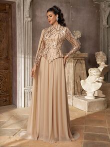 Aureia Elegant Luxurious Champagne Beaded Sequin Embroidered Lace Puff Bead Patchwork Chiffon Ruched Long Sleeve Oversized Skirt Single Side Drape 2 In 1 Structure Suitable For Wedding Events Bachelor Party Vacation Prom Evening Gala Dress - Champagne - View 6