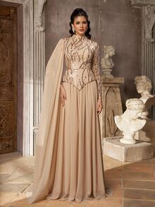 Aureia Elegant Luxurious Champagne Beaded Sequin Embroidered Lace Puff Bead Patchwork Chiffon Ruched Long Sleeve Oversized Skirt Single Side Drape 2 In 1 Structure Suitable For Wedding Events Bachelor Party Vacation Prom Evening Gala Dress - Champagne - View 8