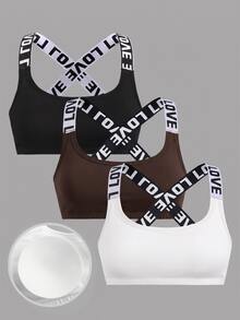 SHEIN Girlism 青少年女孩黑色灰色粉色字母膠帶拼接運動內衣 買1件送2件 - 棕色 - 查看 1