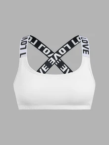 SHEIN Girlism 青少年女孩黑色灰色粉色字母膠帶拼接運動內衣 買1件送2件 - 棕色 - 查看 3