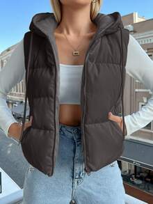 Women's Solid Color Zipper Front Drawstring Hooded Vest, Winter - Grey - View 5