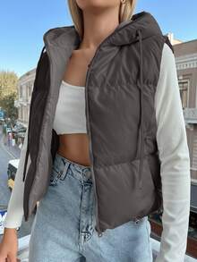 Women's Solid Color Zipper Front Drawstring Hooded Vest, Winter - Grey - View 3