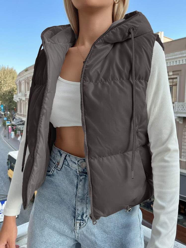 Women's Solid Color Zipper Front Drawstring Hooded Vest, Winter - Grey - View 3