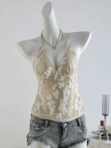 SHEIN Unity 女款細肩帶V領亮片珠飾圓盤吊帶背心，無袖修身閃亮短版上衣，香檳色秋季派對上衣，適合萬聖節之夜外訪與夜店活動 - 黑色 - 查看 5
