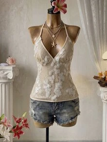 SHEIN Unity 女款細肩帶V領亮片珠飾圓盤吊帶背心，無袖修身閃亮短版上衣，香檳色秋季派對上衣，適合萬聖節之夜外訪與夜店活動 - 黑色 - 查看 4