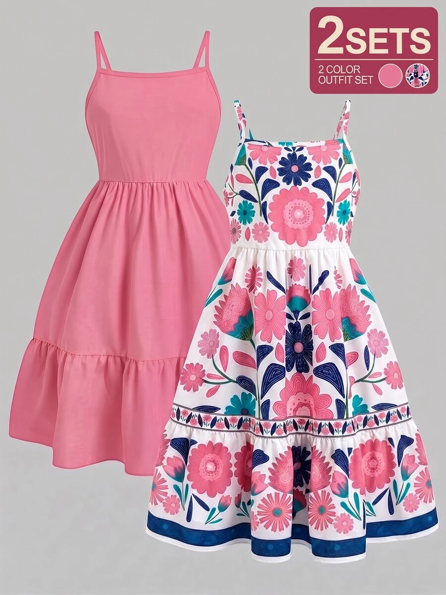 SHEIN Tween Girl Red Spaghetti Strap Girls Clothes 8 To 12 Years Halloween Outfit Fall Style - Pink - View 1